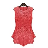 OFTEN Women's Sexy Chic Lace Shirt Fashion Sleeveless Blouse Tops,Red,Small