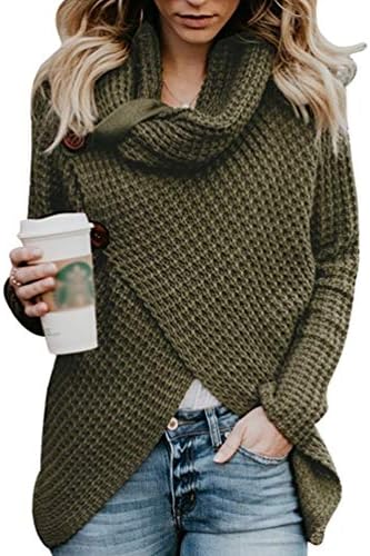 Cayuan Womens Turtle Cowl Neck Pullover Long Sleeve Chunky Knitted Sweaters Wrap Jumper Cardigan Tops with Button