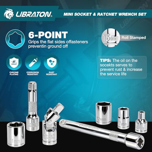 LIBRATON 37 Piece Mini Ratchet and Socket Set with 10.2mm Drive, 4-13mm Bits, Magnetic Handle, Extension Bars and Universal Joint, with Storage Case for