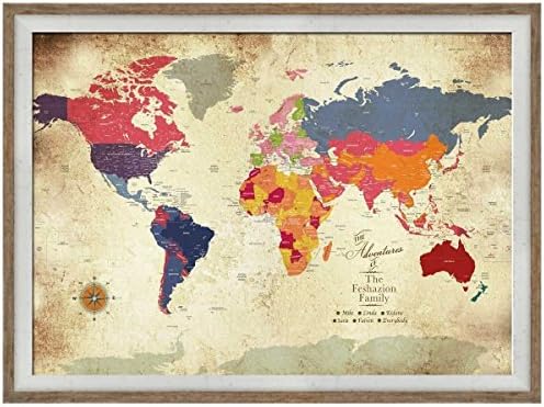 Framed Vintage Inspired Map, 24X36 Inches, Push Pin Travel, Gift for parents, Personalized gift