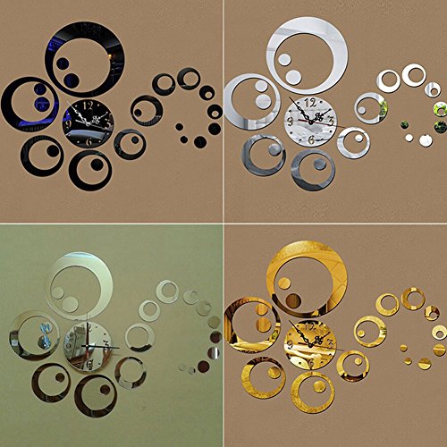yanQxIzbiu DIY Wall Clock, Circles 3D Modern Mirror Wall Clock Watches Stickers Decals Home Room DIY Decors - Black