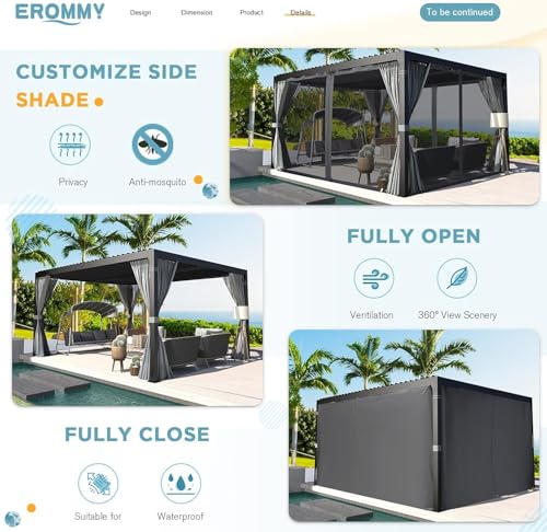 EROMMY Louvered Pergola 10x12, Outdoor Aluminum Pergola with Adjustable Rainproof Roof for Garden, Patio, Deck, Waterproof Curtains and Netting Included, Gray-Black image 21