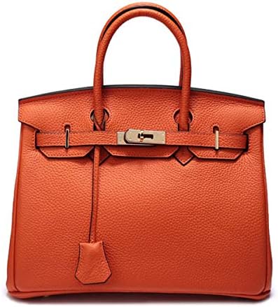2019 New Fashion Shoulder Diagonal Women Bag 3D Litchi Kelly Bag Genuine Leather Handbags Workplace Package Evening Bag Mummy Bag (Orange, 25 * 19 * 14cm)