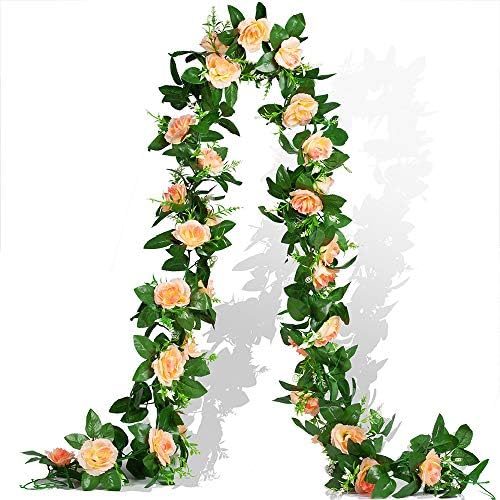EPLST 2 Pack /15.7 FT Artificial Flowers Garland Fake Flower Rose Vine Lifelike Silk Decorative Wall Hanging Plant for Wedding Arch Arrangement Party Garden Home Bedroom Office Decoration Champagne