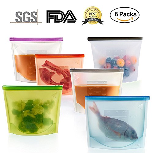 Click Here to See More Images 6 Packs Silicone Food Storage Bags - Reusable and Sealable, Leakproof Foodsaver Bags for Heating, Freezing, Microwaving and as Snack Bags by FreshEco