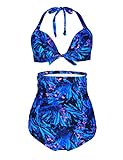 Hilor Women's Retro 50s Floral Monroe Bikini High Waisted Ruched Tankini Swimsuit