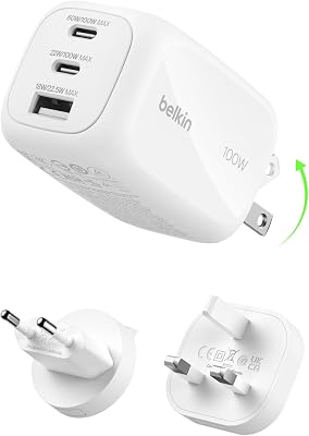 Cargador USB-C, 3 Puertos, Cargador GAN de 100 W, 2 USB-C y 1 USB-A, Enchufe EU, UK, USA, Carga Rápida para MacBook, iPhone, iPad Pro, Samsung Galaxy, Google Pixel, etc - Blanco
