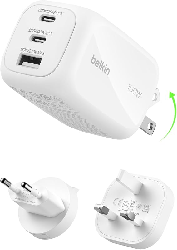 3 Port USB C Ladegerät, 100 W, GaN-Ladegerät, 2 USB-C-Anschlüsse, 1 USB-A-Anschluss, inkl. Reisestecker für EU/UK/USA, Schnellladen von MacBook, iPhone, iPad Pro, Samsung Galaxy, Pixel – Weiß