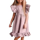 Bigeoosh Girls Dress Linen Boho Party Ruffle Sleeve A-Line Floral Hem Loose Fit Summer Outfits for 5-12 Years Kids