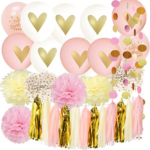 Pink gold happy birthday party decorations pink cream g…