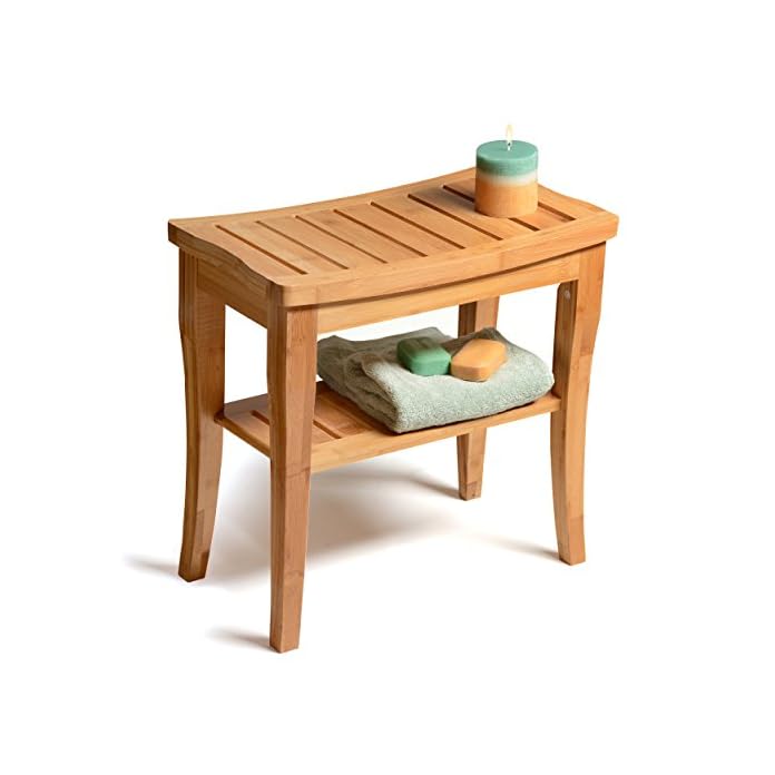 Bambusi Shower Bench Stool with Shelf - Bamboo Spa Bathroom Decor