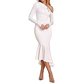 Parthea Women One Shoulder Long Sleeve Ruched Bodycon Midi Dress Fall Wedding Guest Elegant Cocktail Party Gown
