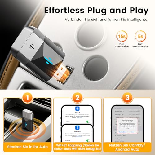 Volam 2 in 1 Wireless Carplay Adapter for CarPlay & Android Auto 2026 Upgrade Upgrade from Wired to Wireless, USB to Type-C Adapter Plug & Play Compatible with iOS 10+ and Android 11+