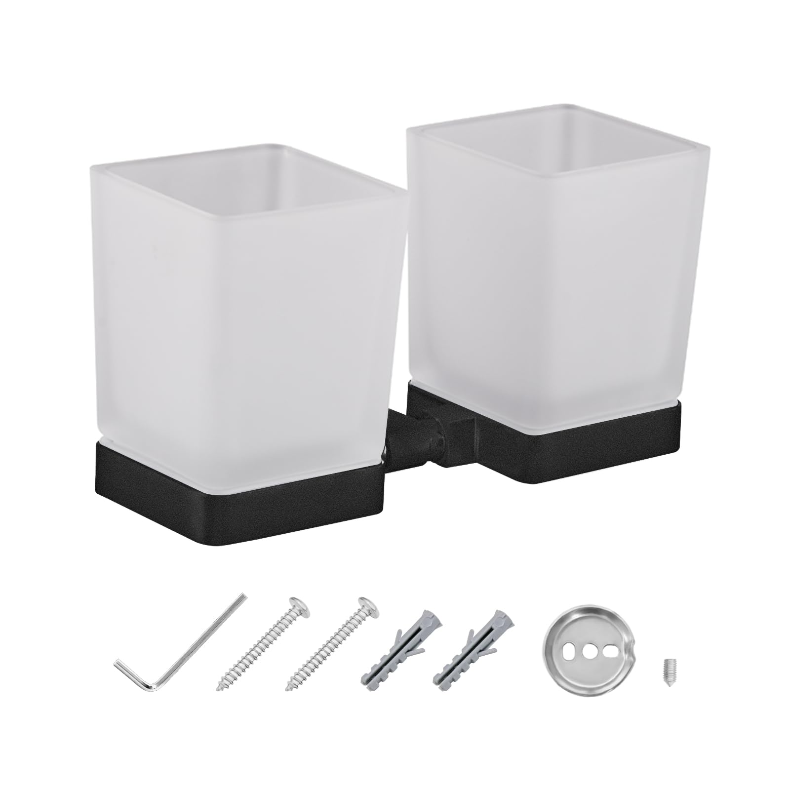 JASSFERRY Wall Mounted Toothbrush Tumbler Holder Double Frosted Glass Tumbler Toothpaste Organizer Storage Square Cup Black