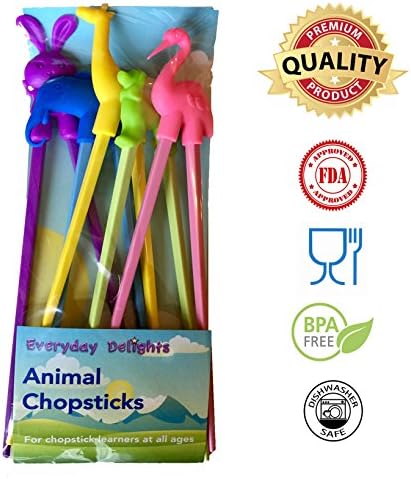 Everyday Delights Animal Training Chopstick Utensil Set / Chop Sticks (Rabbit, Flamingo, Giraffe, Dog & Elephant) for Children, Kids, Teens, Adults, 5 pairs - Cute, Eco-friendly, Reusable, Durable