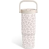 SANDJEST Leopard Skin Stainless Steel Straw Lid Tumbler 30oz with Carry Handle for Women Girls, Insulated Travel Coffee Cup, Gift for Sports Outdoor Workout Christmas Birthday (Beige)