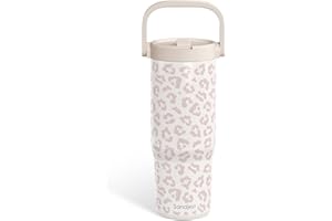 SANDJEST Leopard Skin Stainless Steel Straw Lid Tumbler 30oz with Carry Handle for Women Girls, Insulated Travel Coffee Cup, 