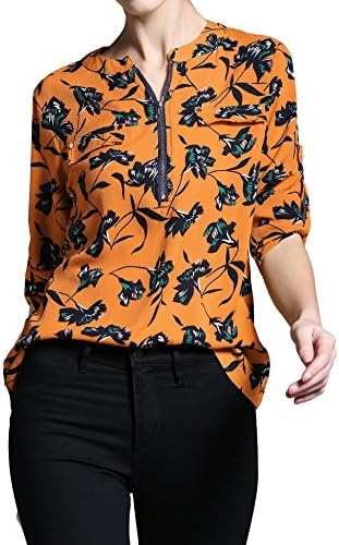BALEMS Women Casual Long Sleeve Roll-Up Sleeve Chiffon Zip Up V Neck Blouse