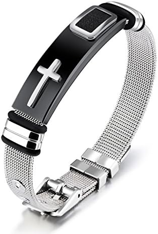 YEEGORStainless Steel Religious Cross Bracelet for Mens Boys Sporty Wristband Punk Style Adjustable Watch Bangle(Black)