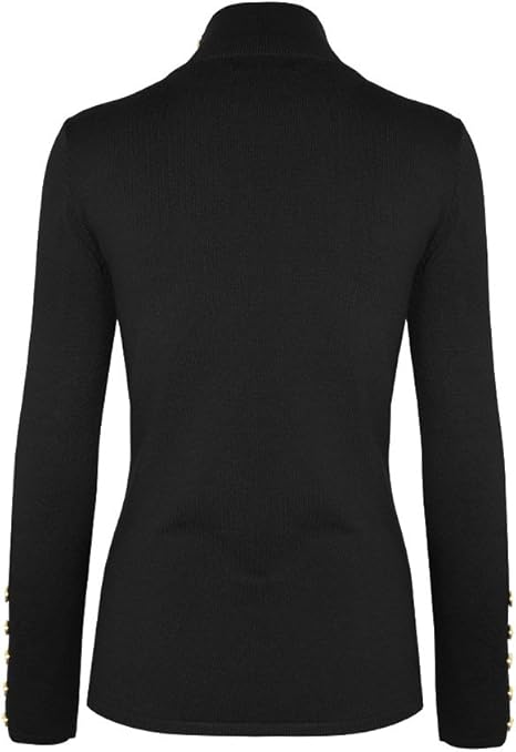 black polo neck jumper with gold buttons