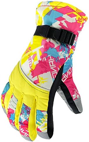 KINEED Waterproof Windproof Girls Youth Winter Ski Skiing Snow Snowboard Riding Warm Gloves Large Yellow
