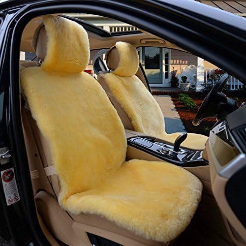 IMQOQ A Pair Genuine Sheepskin Short Wool Car 2 Front Seat Covers Set Winter Warm Universal Beige Yellow