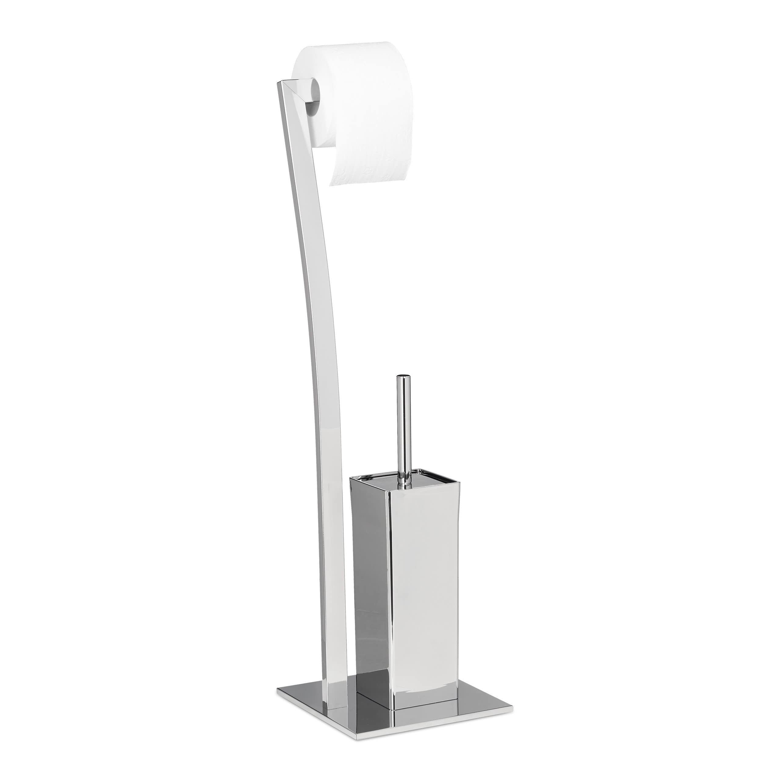 Relaxdays WIMEDO Toilet Brush and Holder, Size: 71 x 20 x 20 cm Toilet Paper Holder in Stainless Steel, Standing, Silver