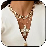 Gold Chunky Cross Necklace for Women Statement Pearl Cross Pendant Necklace Chunky Gold Layered Irregular Geometric Square Pendant Necklaces Punk Hip-Hop Fashion Jewelry Gifts