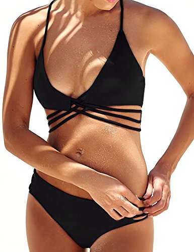Idgreatim Women's Bandeau Tankini Halter Strappy Push Up Swimwear Bikini Set