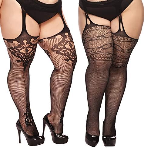 TGD Plus Size Stockings for Women Suspender Pantyhose Fishnet Tights Black 2 Pairs Thigh High Stocking (Fit US 8-16)