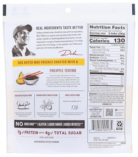 DUKE’S PORK TERIYAKI SMOKED SHORTY SAUSAGES, 7G PROTEIN PER SERVING, 5 OZ.
