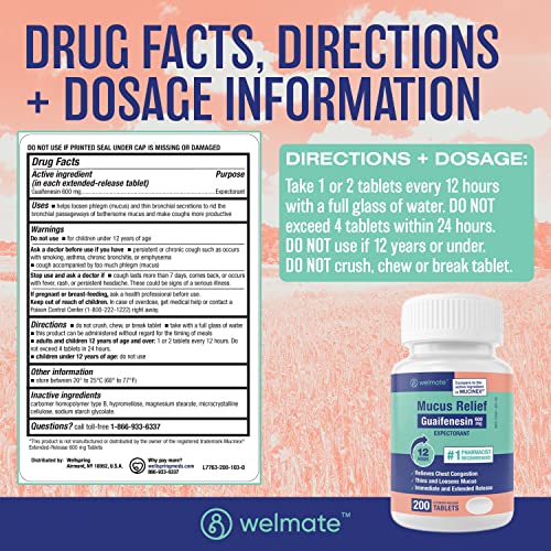 WELMATE Mucus Relief Guaifenesin 600mg 12 Hr Support Temporary