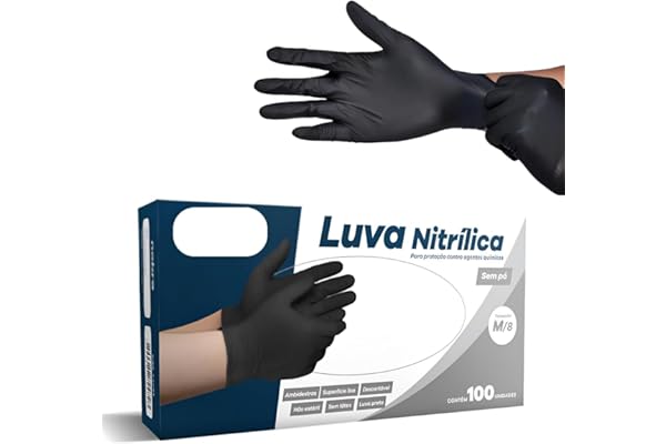 Luva Nitrilica Preta Premium | Sem Pó Antiderrapante | 100 Unidades Descartável | P, M e G