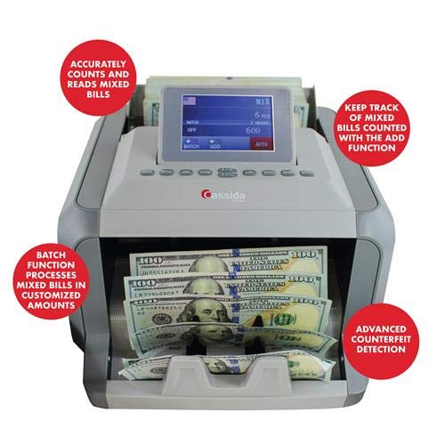 Cassida 7750R Mixed Denomination Money Counter Machine and Value Bill Reader with Counterfeit Detector UV, MG, Infrared, Size & Image Recognition