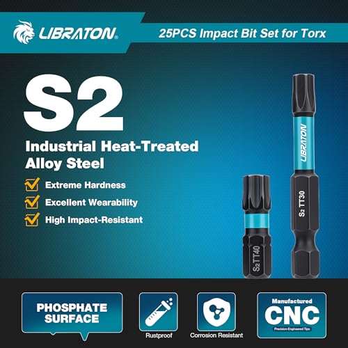 LIBRATON 25 x Torx Security Bits (T7-T40), Tamper Proof Screwdriver Bit, S2 Screw Bits with Magnetic Ends (1" and 2"), Magnetic Bit Holder and Storage Box