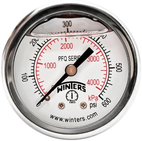Winters PFQ Series Stainless Steel 304 Dual Scale Liquid Filled Pressure Gauge, 0-600 psi/kpa, 2" Dial Display, -2.5% Accuracy, 1/4" NPT Back Mount