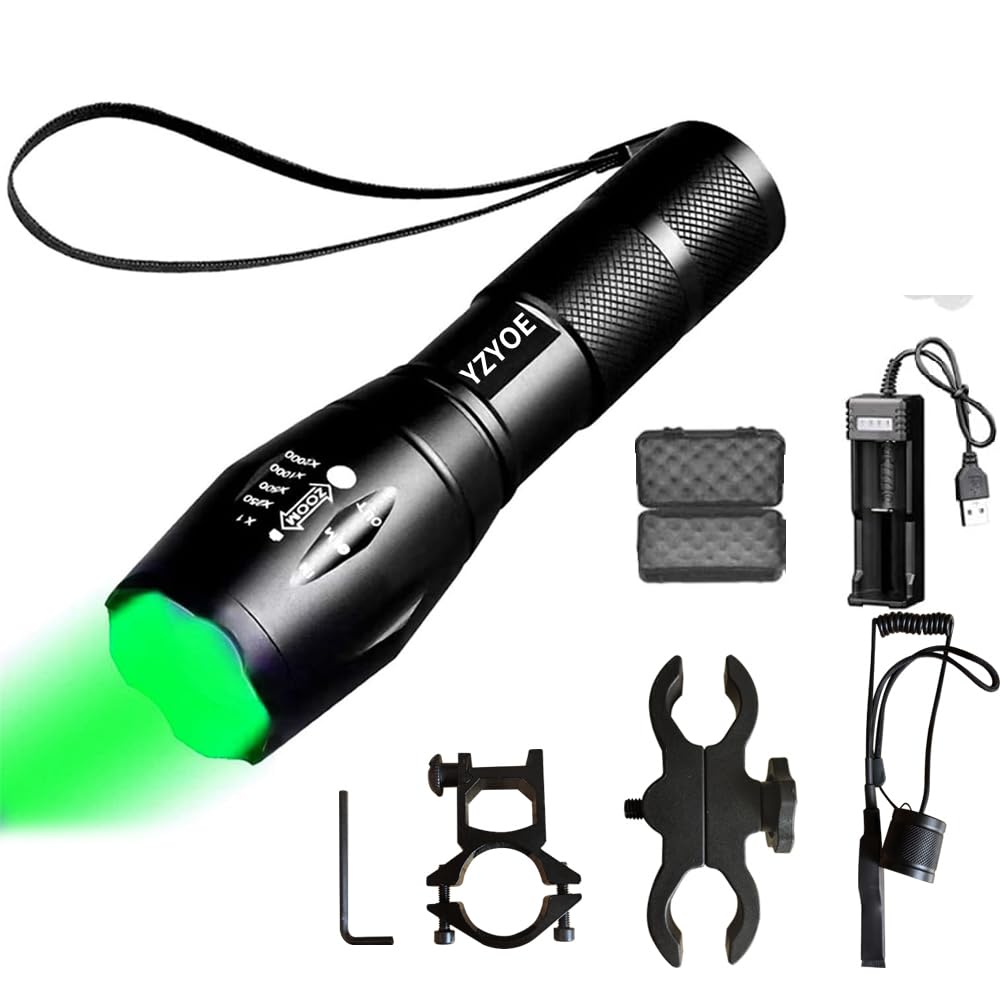 YZYOE Rechargeable Green Light Tactical Flashlight，500 Yard Green Hunting Light Zoomable Flashlight Hog Predator Lights with Pressure Switch Universal Picatinny Rail Mount kit.