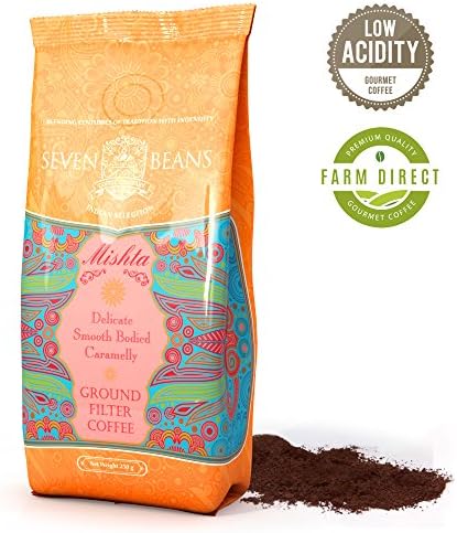 "Mishta" Ground Coffee - Medium Roast - Low Acidic - Single Origin - Indian Gourmet AA Monsooned Malabar Speciality Espresso Blend Coffee by Seven Beans Coffee Company (17.64 Oz)