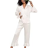 Brosloth Womens Silk Pajamas Long Ruffle Sleeve Satin Pajama Set Butterfly Button Up Cute Pj Sets