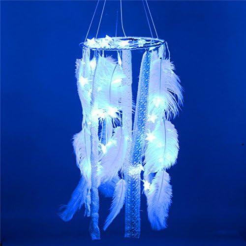 HuiJv 9.5×45inch Big Dream Catcher LED Star Lamp Circular Net With feathers Wall Hanging kitchen Decoration Decor Ornament Craft (blue)