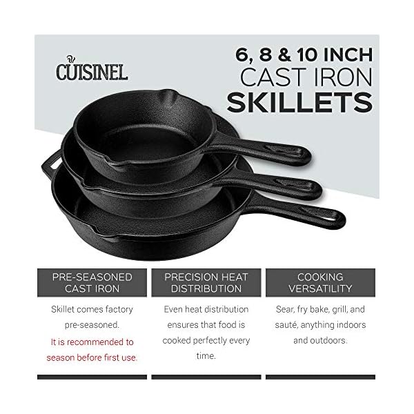 Cast-Iron-Skillet-Set-6810-1524cm2032cm254cm-3-Silicone-Handle-Holders-Pre-Seasoned-Oven-Safe-Cookware-IndoorOutdoor-Grill-Stove-Top-and-Induction-Safe cuisinel Cast Iron Skillet Set - 6"+8"+10" / 15.24cm+20.32cm+25.4cm + 3 Silicone Handle Holders - Pre-Seasoned Oven Safe Cookware - Indoor/Outdoor - Grill, Stove Top and Induction Safe
