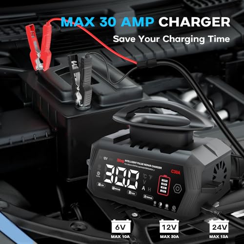 30A Car Battery Charger, Haisito 6V/12V/24V Charger and Holder for AGM Gel SLA EFB LiFePO4 9 Stage Auto Charger with LCD Display for Car Motorcycle