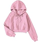 LOFAAC Women Fleece Full Zip Up Cropped Hoodie Sweatshirt 90s Long Sleeve Drawstring Hooded Crop Jacket Top with Pockets