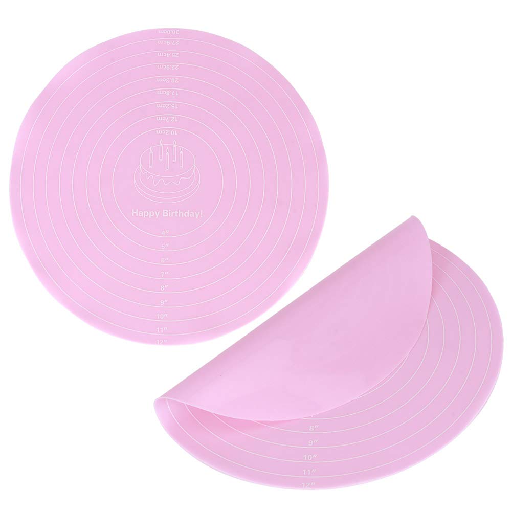 Cikonielf Baking Pastry Pad, 2Pcs Silicone Pastry Mats Round Dough Rolling Mat NonStick Sheet Liner Counter Mat for Cake Turntable Stand