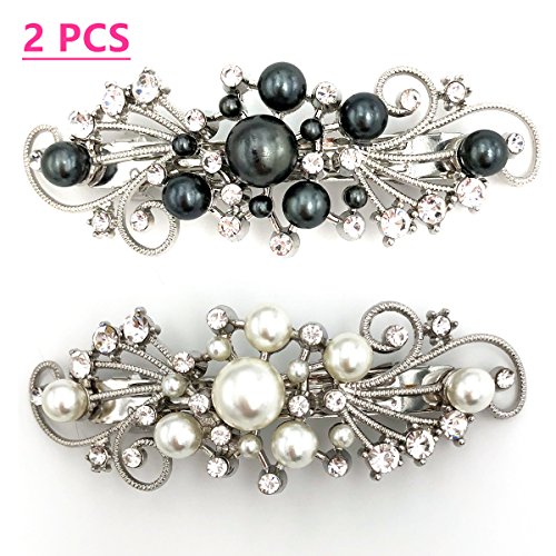 AwEx Luxe Prom Hair Clips with Rhinestones and Pearls,Metal Auto Clasp, Evening Hair Barrettes, 3.75 inches. Black & White,Pack of 2