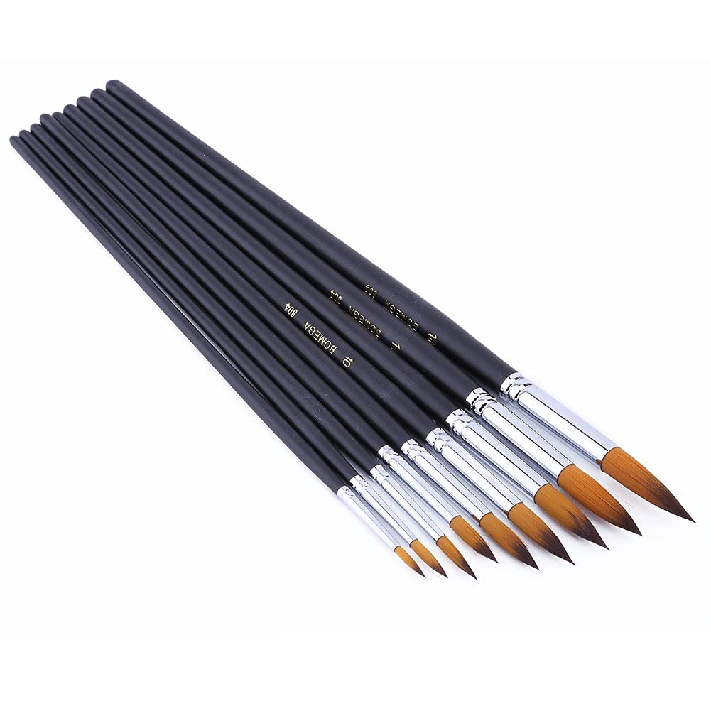 9pcs Chinese Calligraphy Brushes Nylon Tip Long Wooden Handle Brushes Set for Oil Acrylic and Watercolor