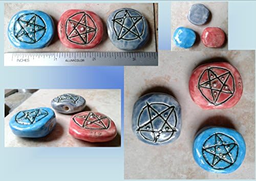 Set 3 Pentagram Ceramic Pendants Red Turquoise Blue Beads Wiccan Amulet with Fine Silver