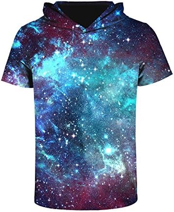 ISTider Digital Print Shining Stars Aurora Space Galaxy Hooded 3D T Shirt (S/M, Blue Galaxy)