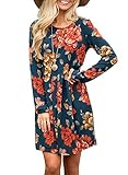 ZESICA Women's Round Neck Floral Print Long Sleeve Swing Pleated T Shirt Tunic Dress
