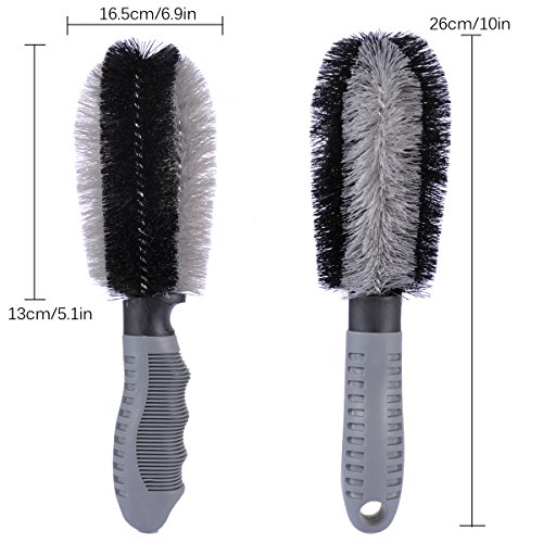 AutoEC Car Wheel Cleaner Brush Kit, 1 Steel Wire Flocking Wheel Cleaning Brush, 1 Metal-Free Rim Wash Brush, 1 Contoured Scrub Tire Shine Brush for Auto, Vehicle, Engine, Motorcycle (Pack of 3)